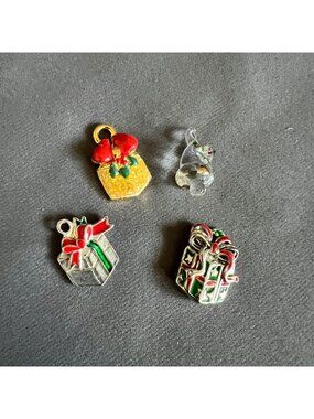 Set Of 4 Christmas-Themed Charms: Gifts & Bear Figurine Ornaments
